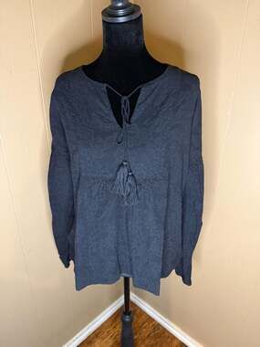 Mododoc Black Textured Tonal Jaquard Peasant Blouse with Tassels Style 449-93602